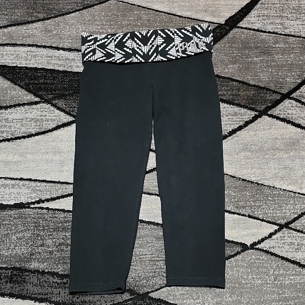 VINTAGE VS PINK 2013 AZTEC FOLD-OVER RHINESTONES WAISTBAND CAPRI YOGA LEGGINGS